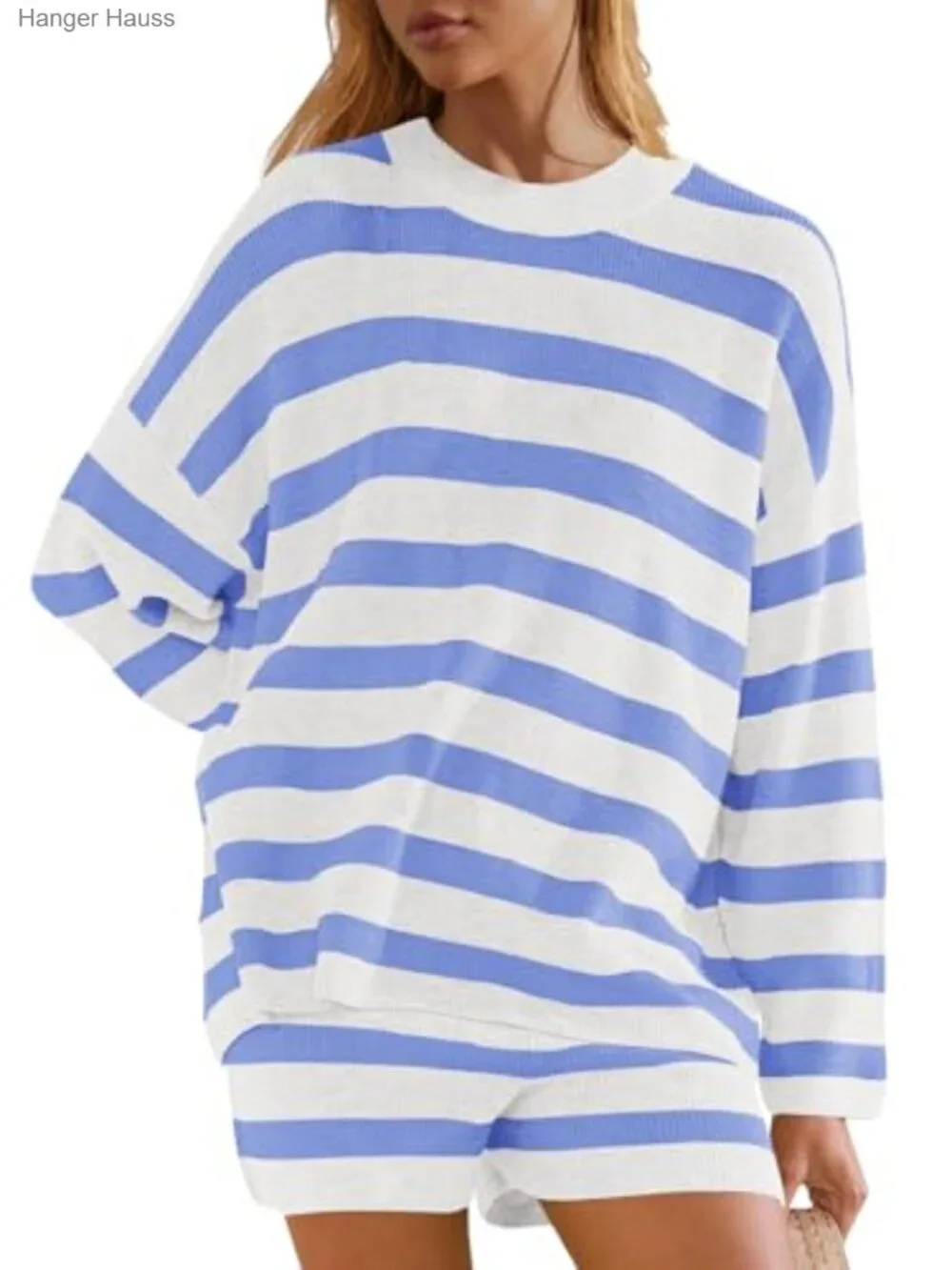 Oversized Striped Sweater Set Lounge Shorts Pajama Set 2 Piece Matching